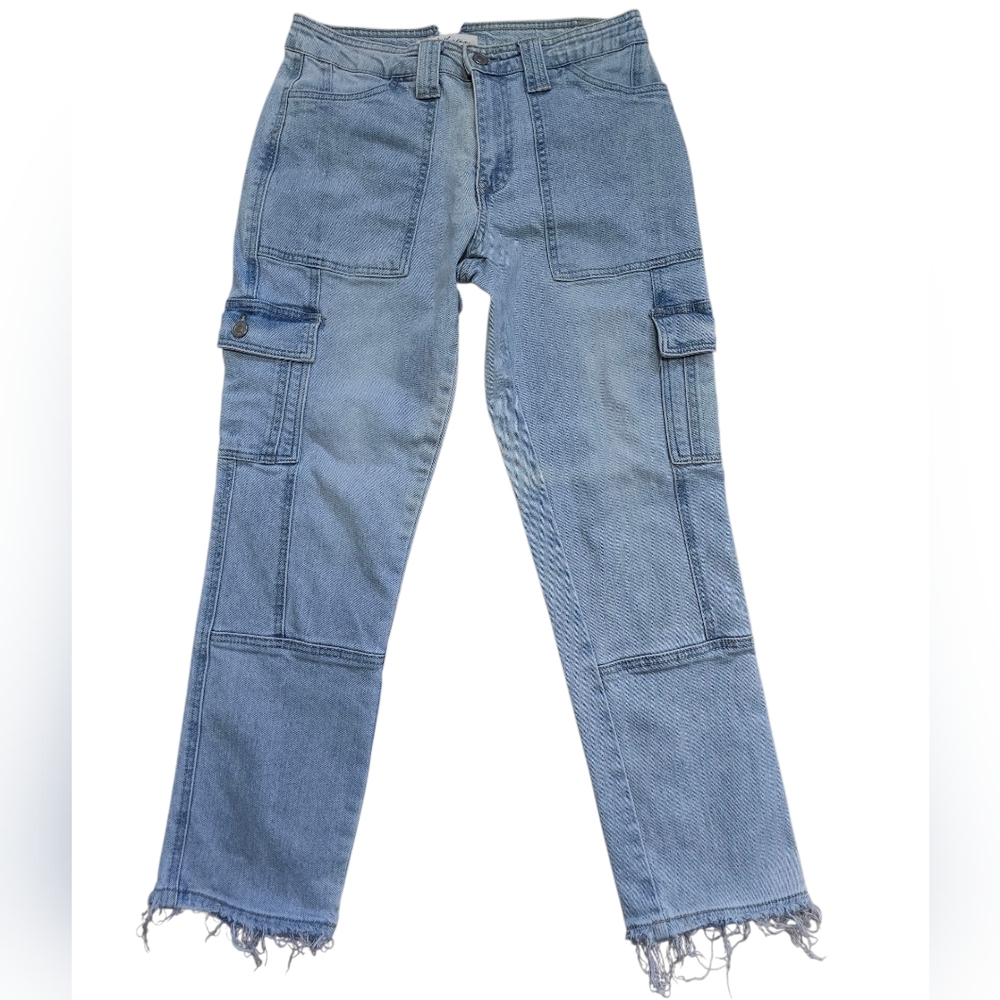 Kancan Light Blue Cargo Jeans with Frayed Hem, Size 7/27